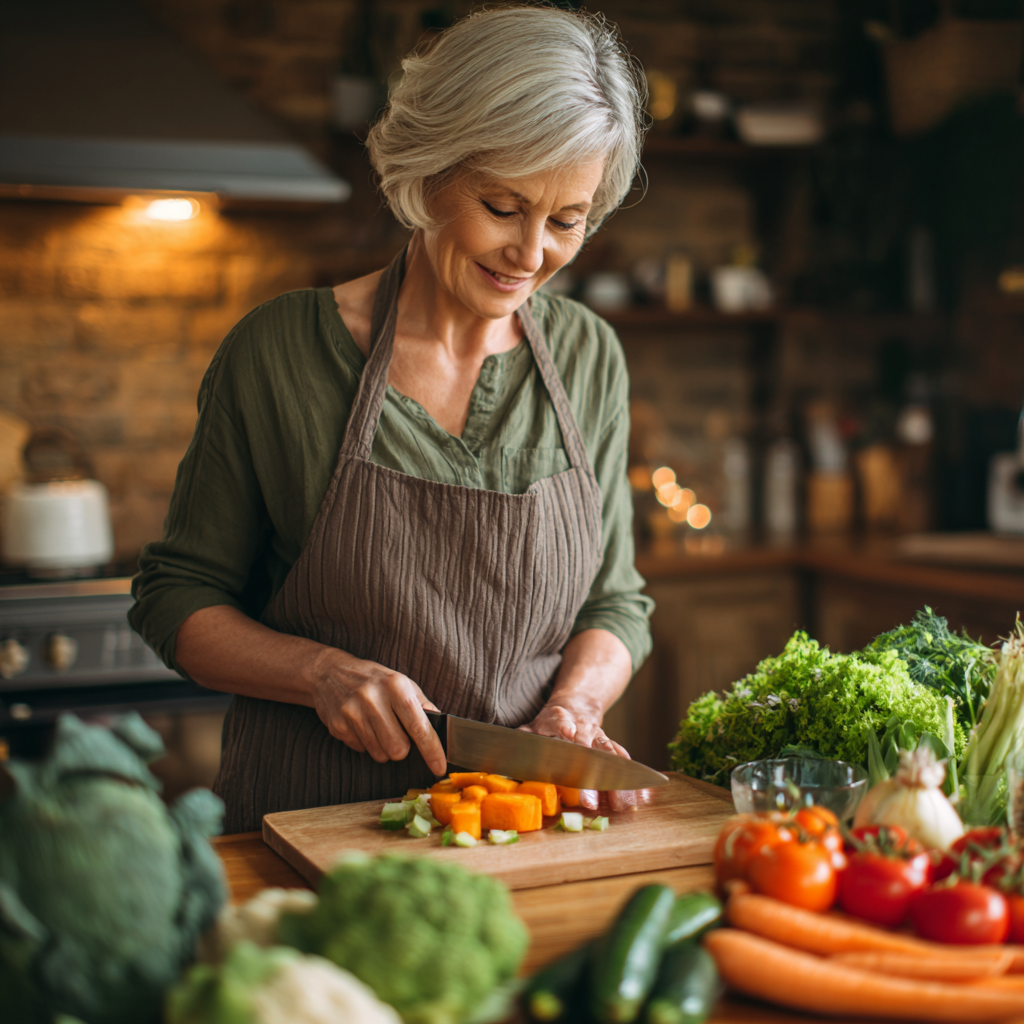Middle-aged woman preparing balanced meal with fresh vegetables